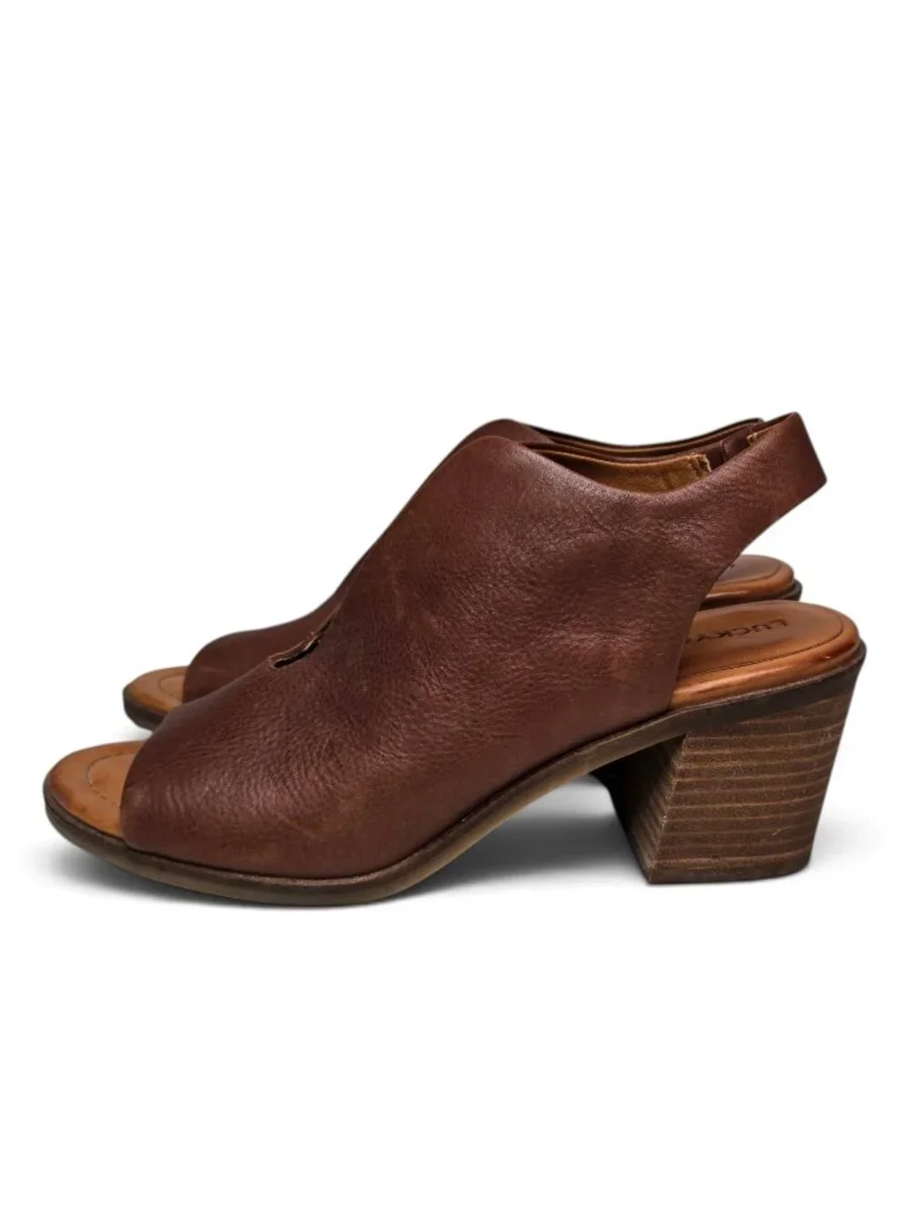 Lucky Brand Rhazy Leather Slingback Heels Pebble Brown Cut Out Front Slit 8.5